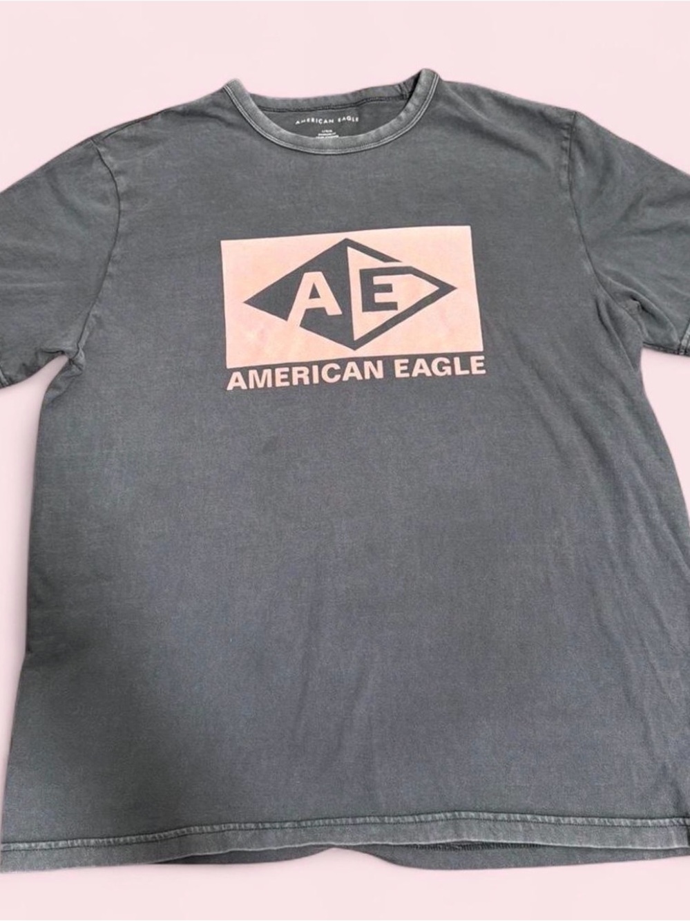 American Eagle Outfitters Charcoal Gray Tee with Pale Pink Logo